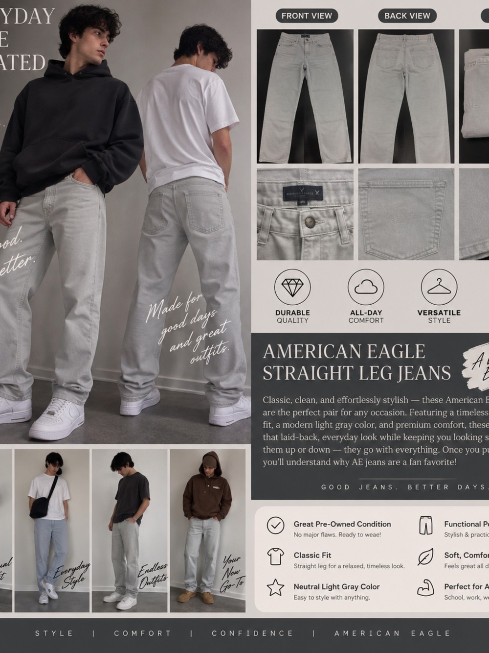 American Eagle Outfitters Men’s Straight Leg Jeans — Light Gray